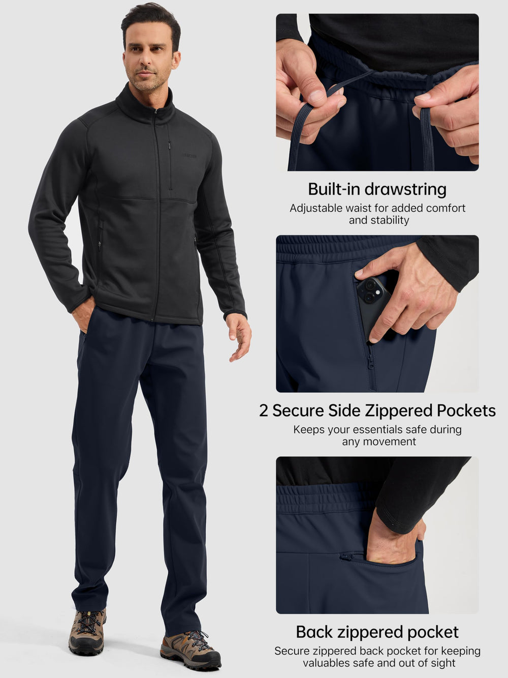 Free Soldier men's winter pants elastic waistband with drawstring for adjustable comfort