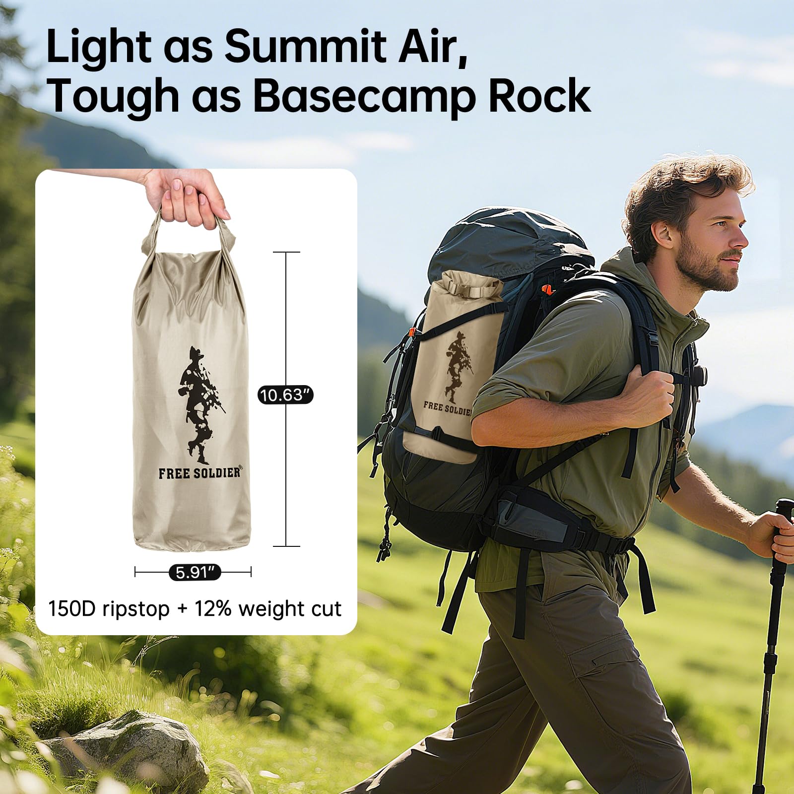 Free Soldier portable stuff sack illustrates easy packing for backpacking adventures.