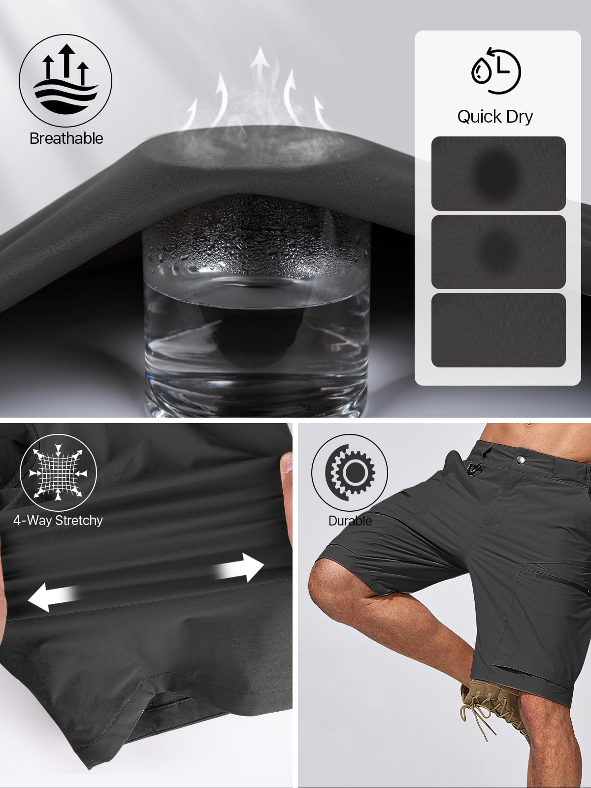 FREE SOLDIER water-repellent shorts with UPF 50+ sun protection.