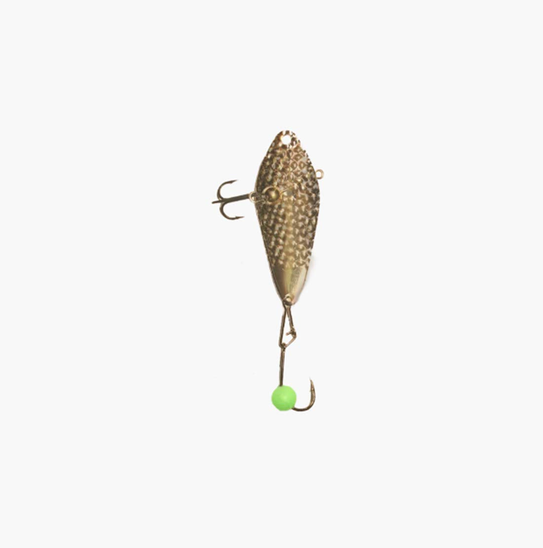 Freedom Tackle Hammered Minnow Gold Lure shines with flash for fast ice fishing.