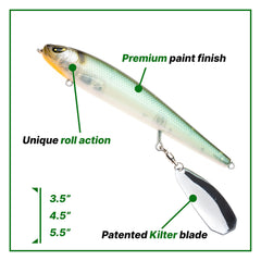 Freedom Tackle Mischief Minnow Kilter blade close-up showing unique vibration.