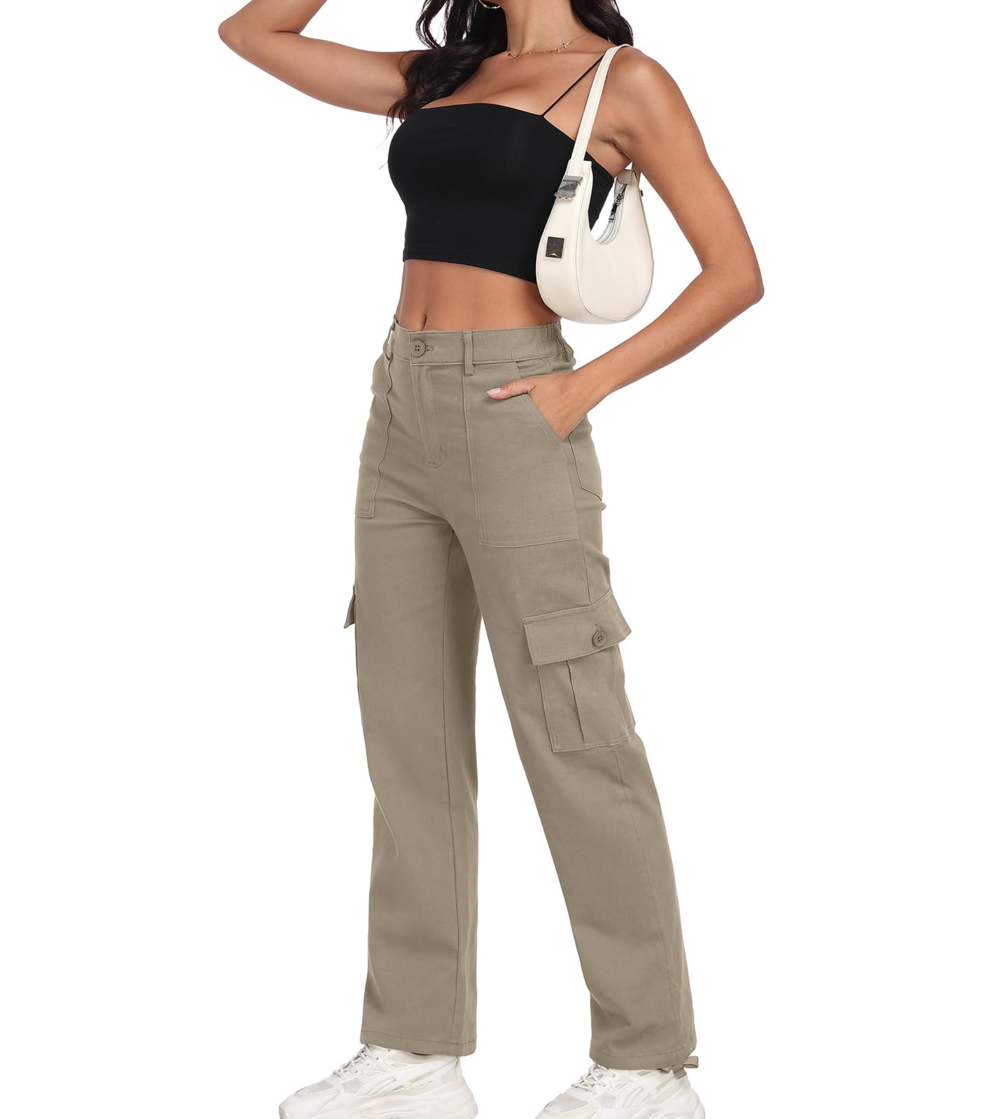 Freeoak Plus-Sized Y2K wide-leg cargo pants pocket detail highlighting secure 6-pocket design.