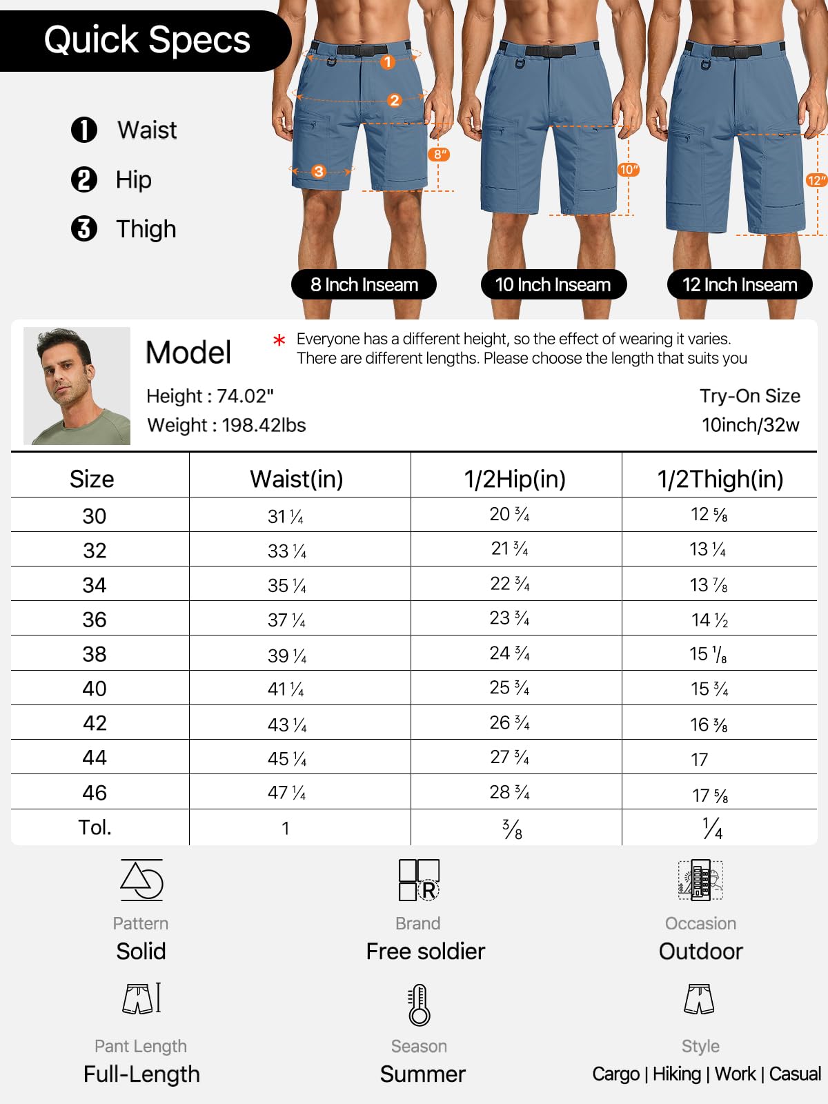 FREE SOLDIER action shot emphasizes versatile cargo shorts for golf and camping.