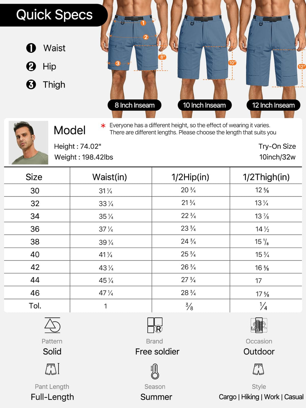 FREE SOLDIER action shot emphasizes versatile cargo shorts for golf and camping.
