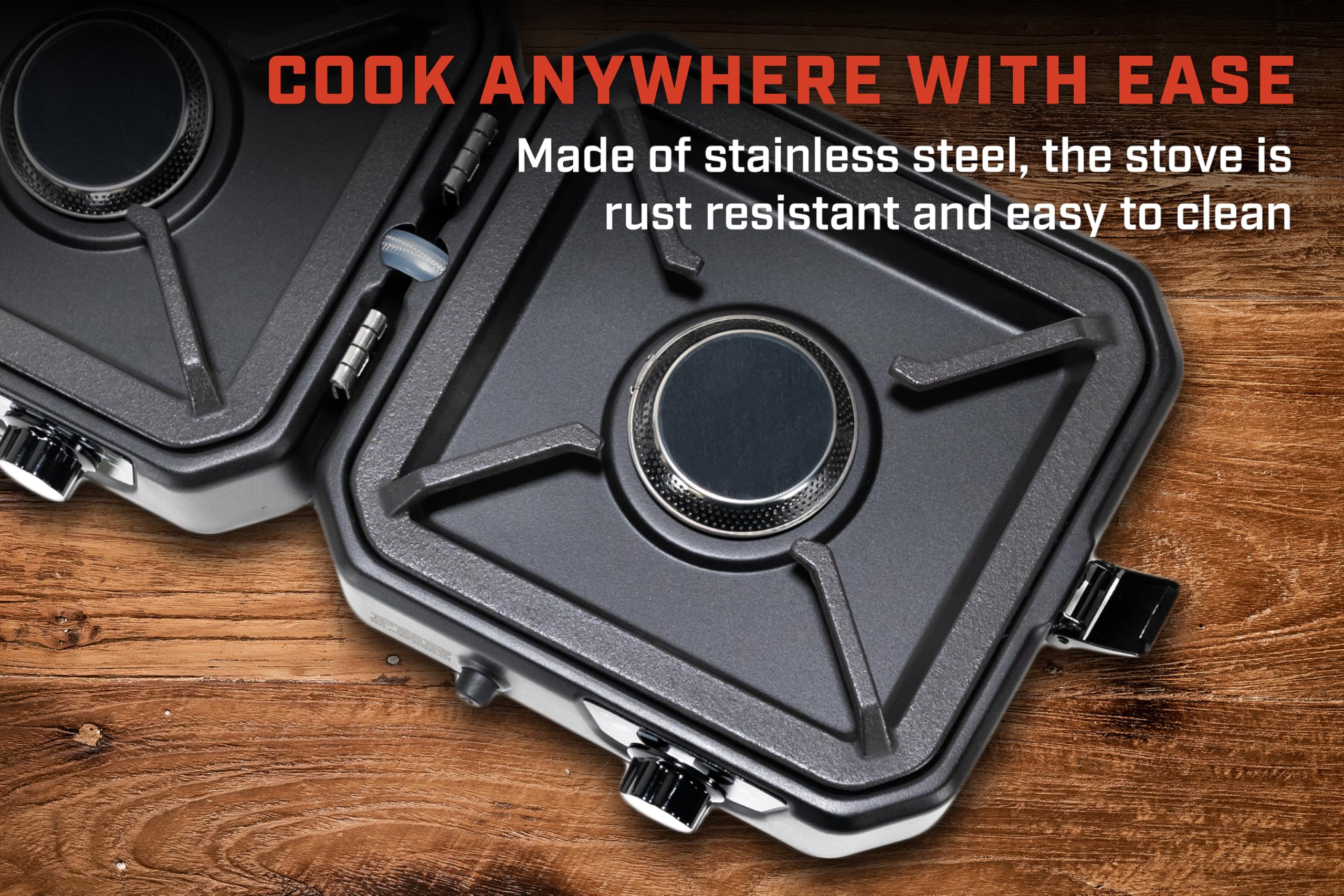Freespirit Recreation 16,000 BTU propane stove powers hearty outdoor meals.