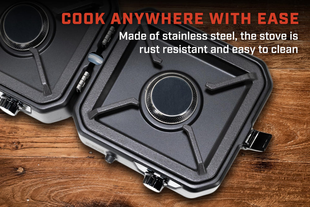 Freespirit Recreation 16,000 BTU propane stove powers hearty outdoor meals.