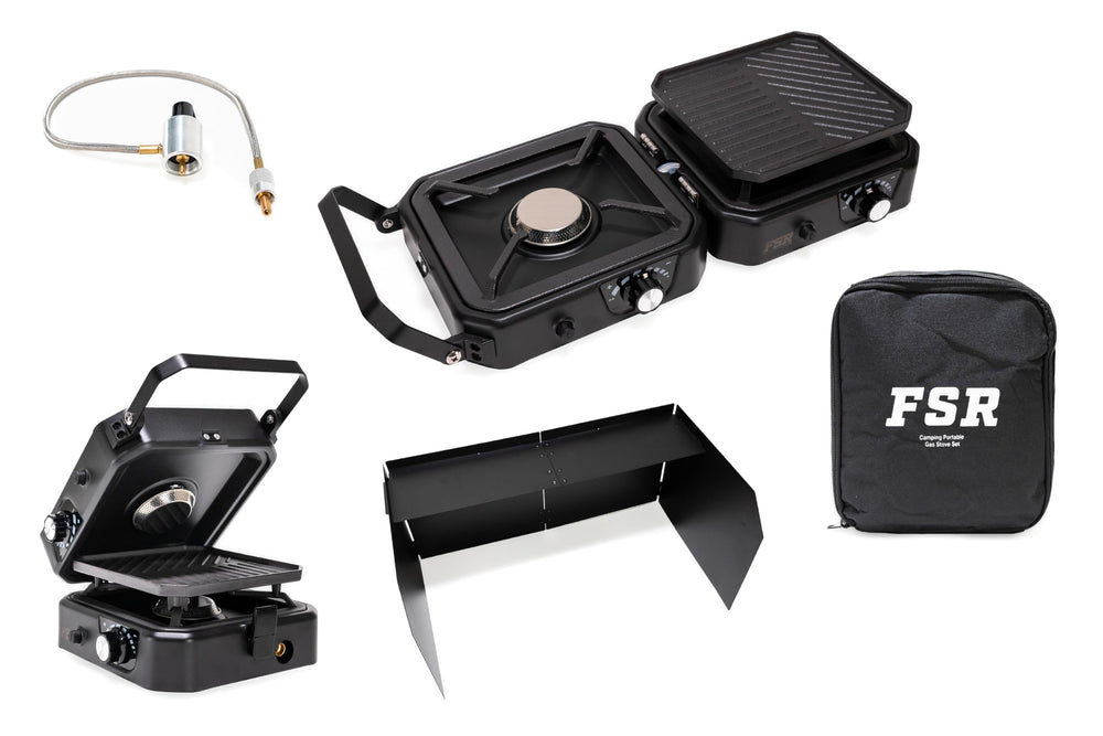 Freespirit Recreation dual burner stove with griddle for quick outdoor meals.