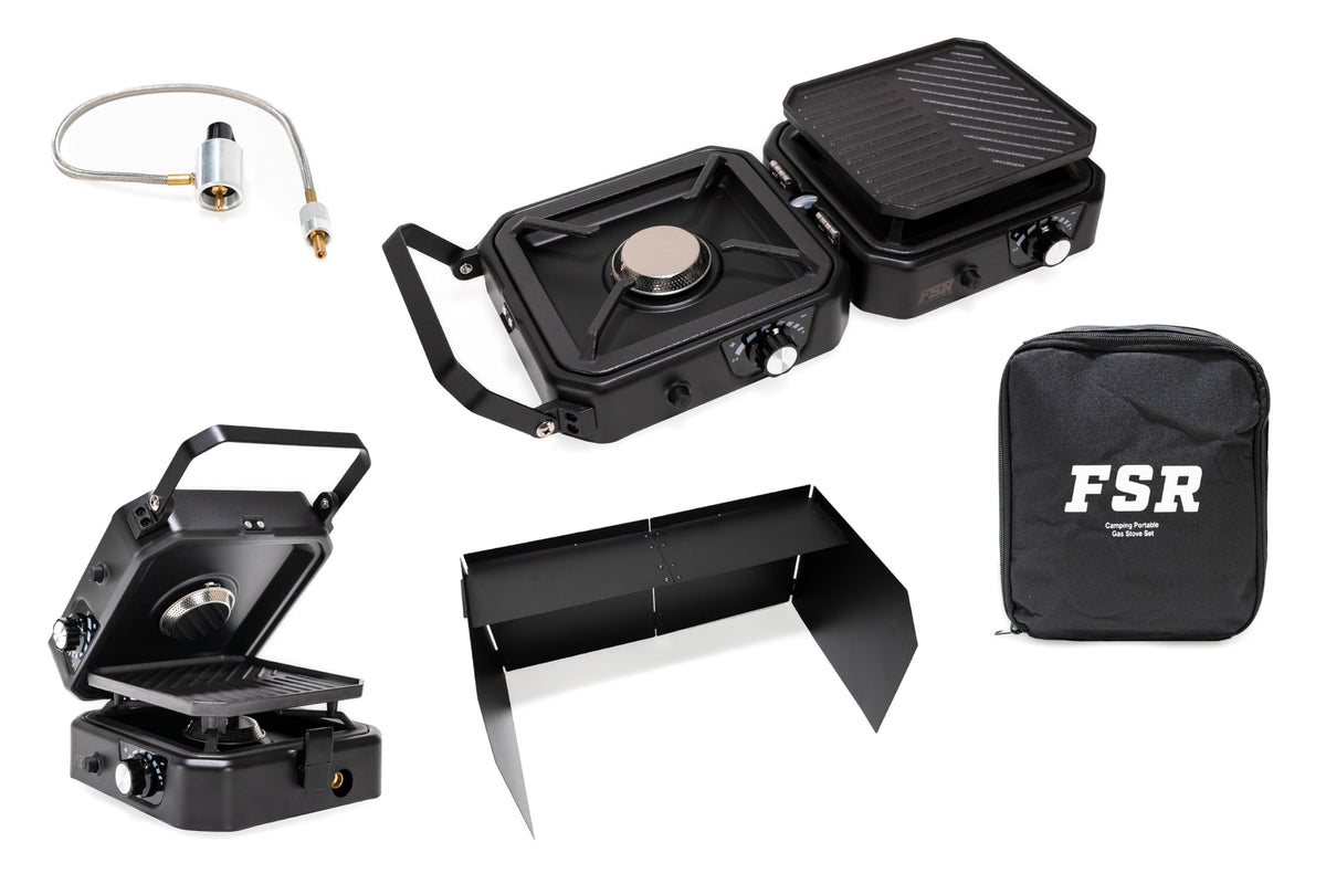 Freespirit Recreation dual burner stove with griddle for quick outdoor meals.