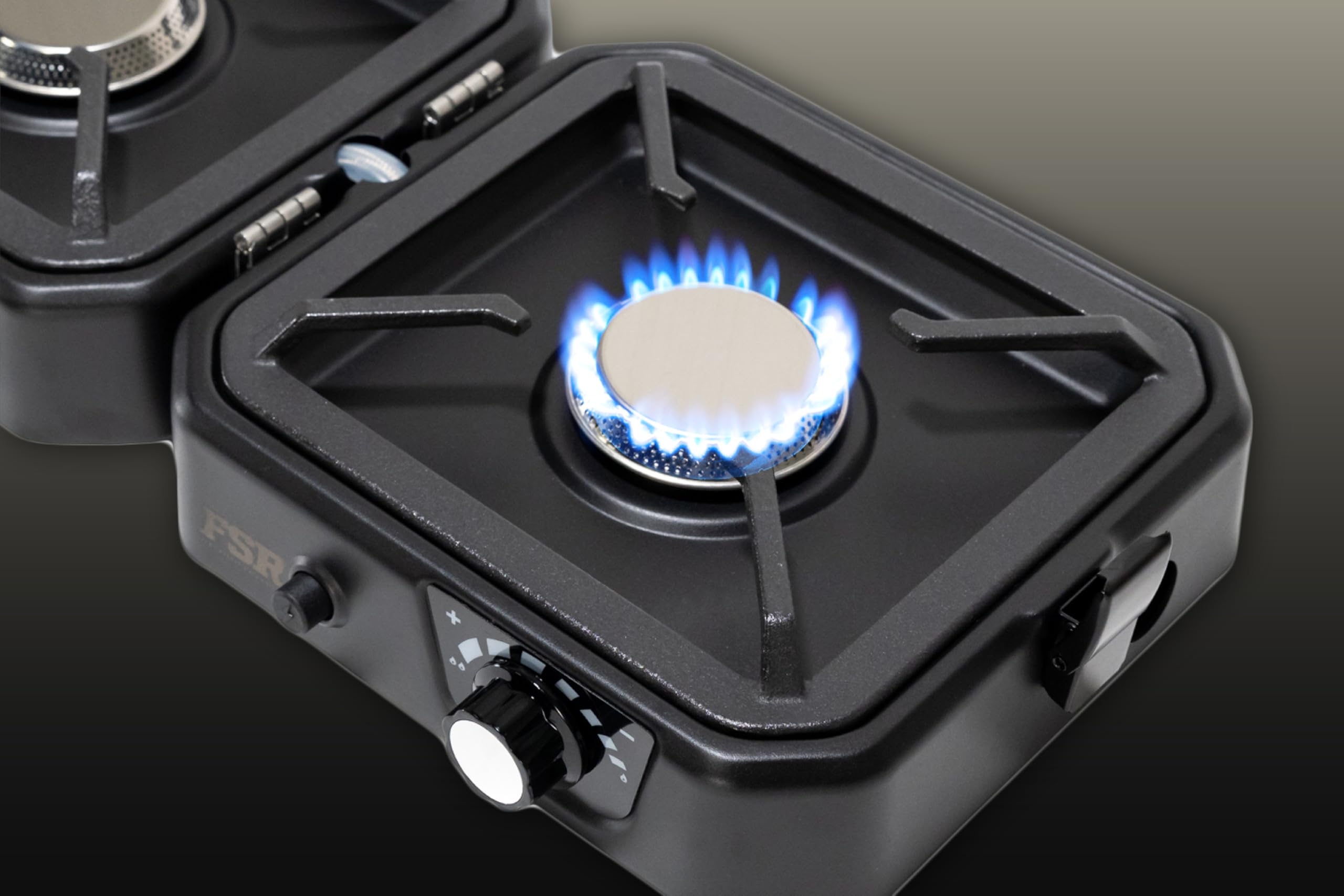 Freespirit Recreation piezo ignition and rotary control for easy lighting.