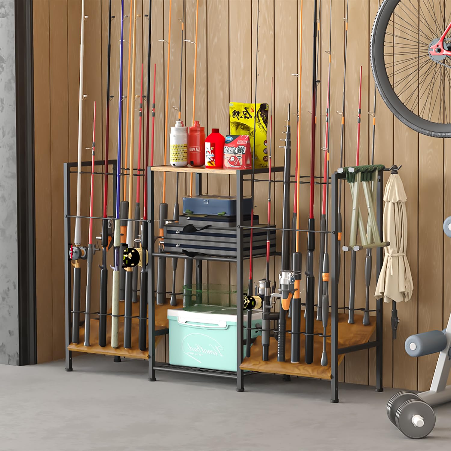 Freestanding three-sided fishing rod rack with sturdy metal frame
