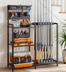 Freexployer fishing rod holders on pegboard keep rods accessible and organized.