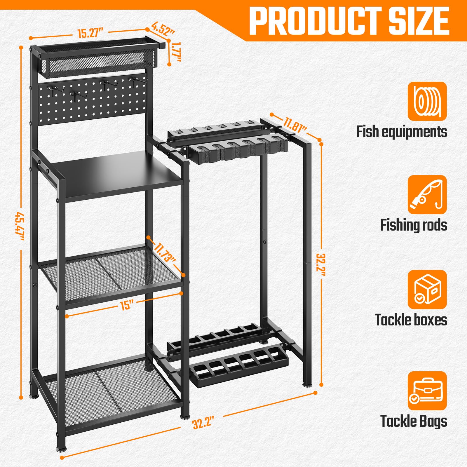 Freexployer fishing rod rack with 3-tier shelves stores tackle boxes neatly.