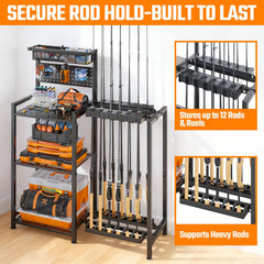 Freexployer freestanding rod rack showcases a top mesh basket for small items.