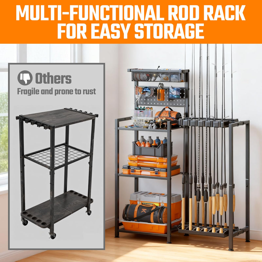 Freexployer heavy-duty stand holds up to 12 fishing rods securely.