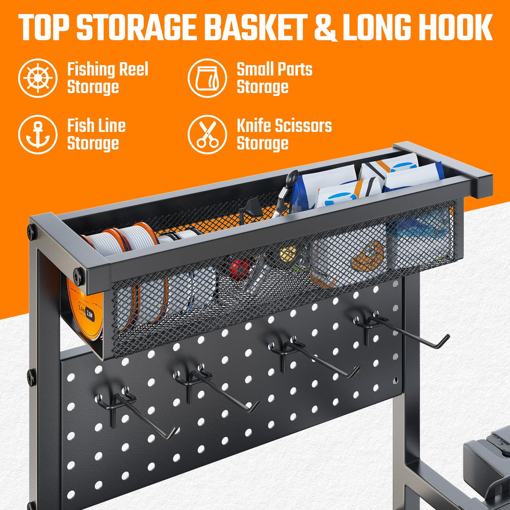 Freexployer pegboard with four long hooks keeps pliers and cutters within reach.