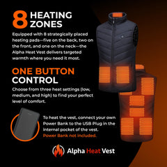 FREEZE2TRIM Alpha Heat Vest back view highlights 8 heating zones for full-back warmth.