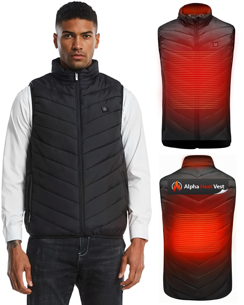 FREEZE2TRIM Alpha Heat Vest front view shows weatherproof design for outdoor warmth.