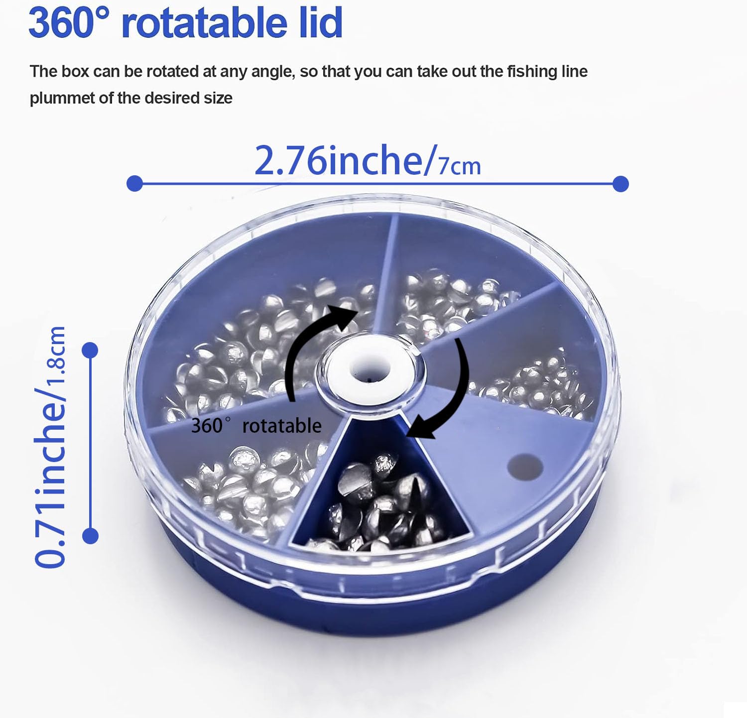 Six sizes of split shot and round lead weights for freshwater and saltwater fishing
