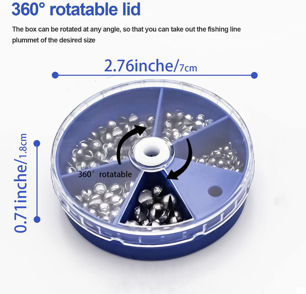 Six sizes of split shot and round lead weights for freshwater and saltwater fishing