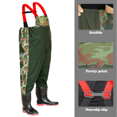 Chest-deep waders with boots for fly fishing setup