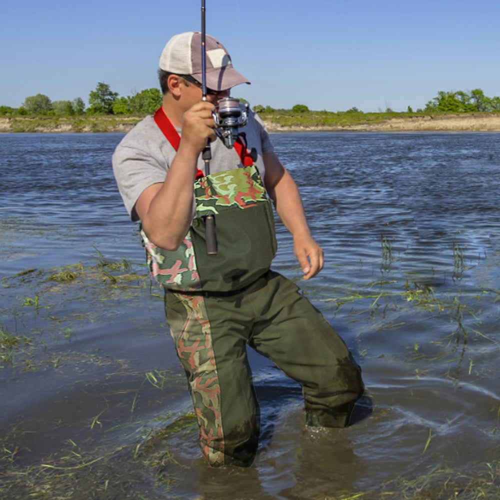 Green FREGITO Chest Waders size 11 shown on model