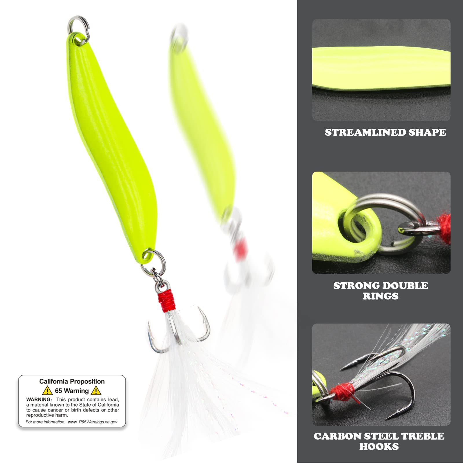Close-up of 10pc glow lures with varying weights