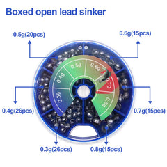Six sizes of split shot weights for fishing