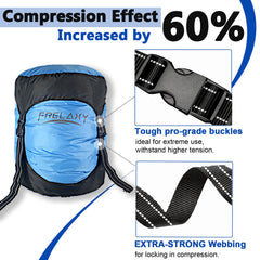 Frelaxy compression sack blue 18L demonstrates the four-strap system for even compression.