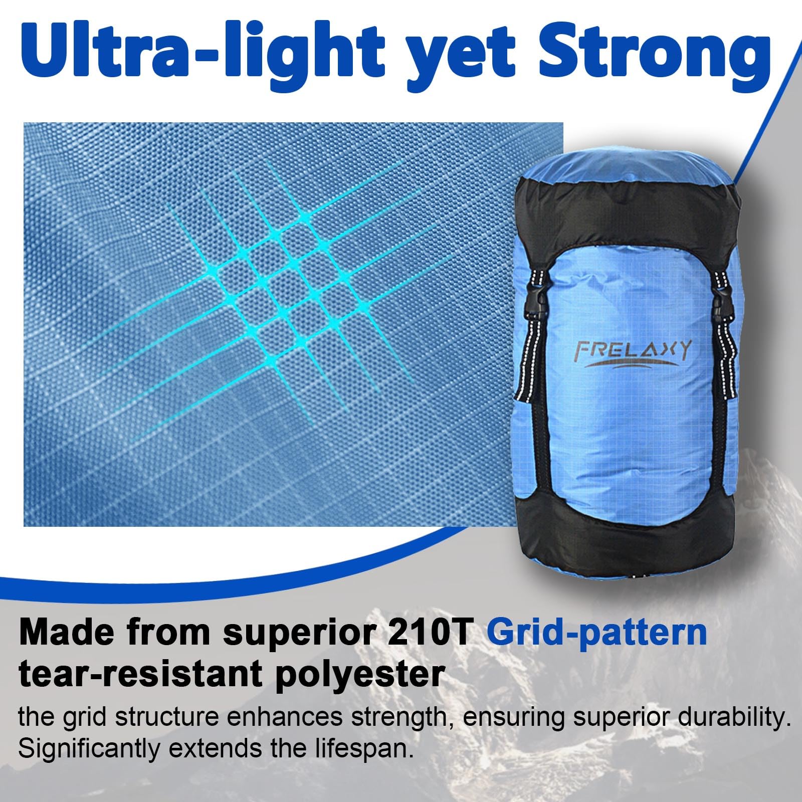 Frelaxy compression sack blue 30L highlights the bottom pull-handle for easy carrying.