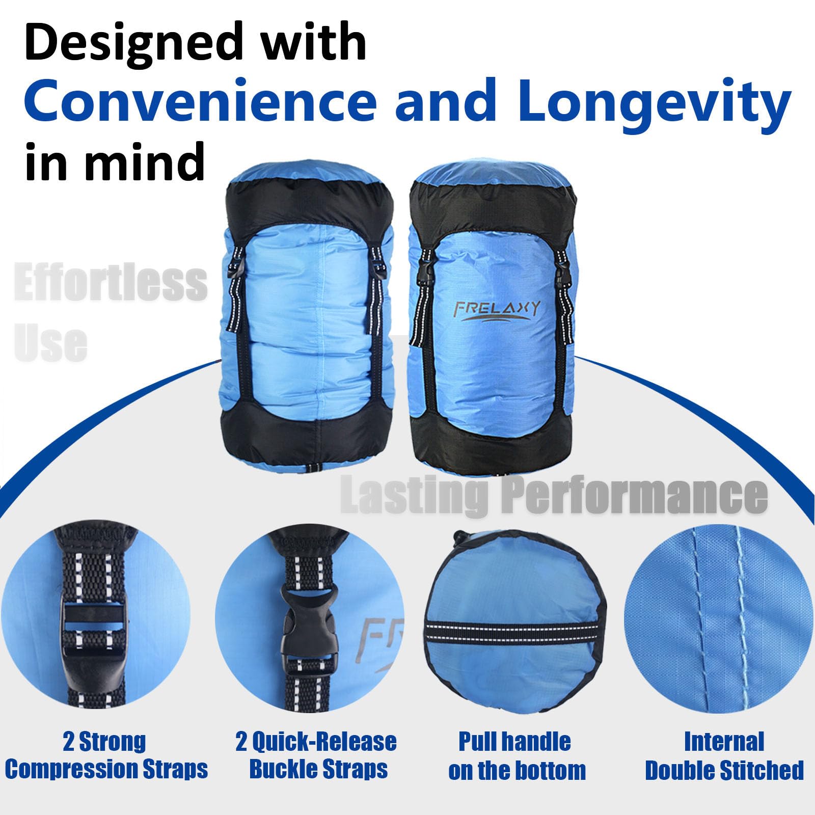 Frelaxy compression sack blue 45L shows versatile sizing for clothes and sleeping gear.