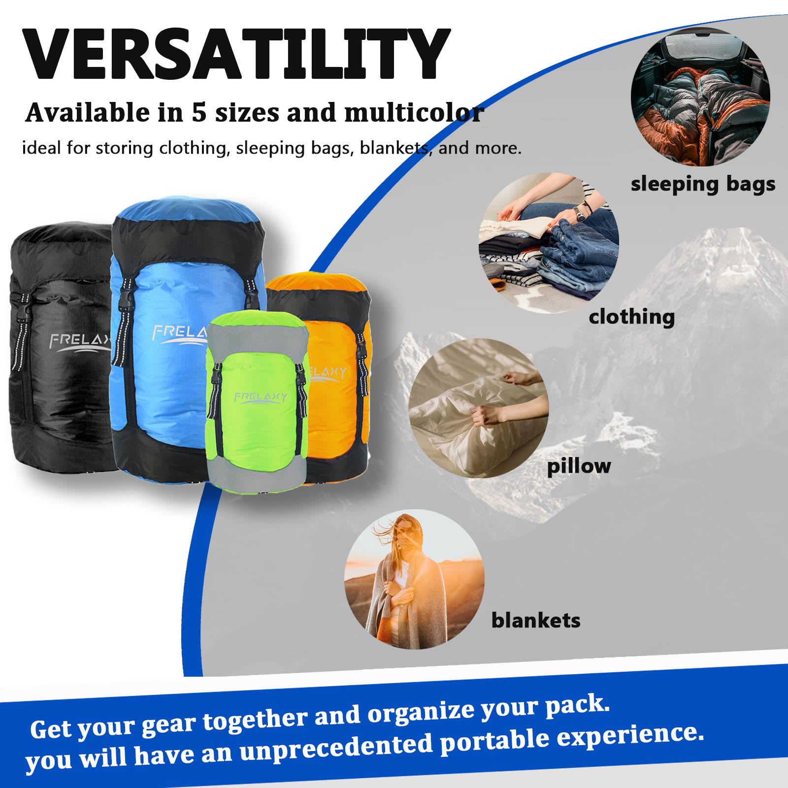 Frelaxy compression sack blue strap-system enables fast packing with quick-release buckles.