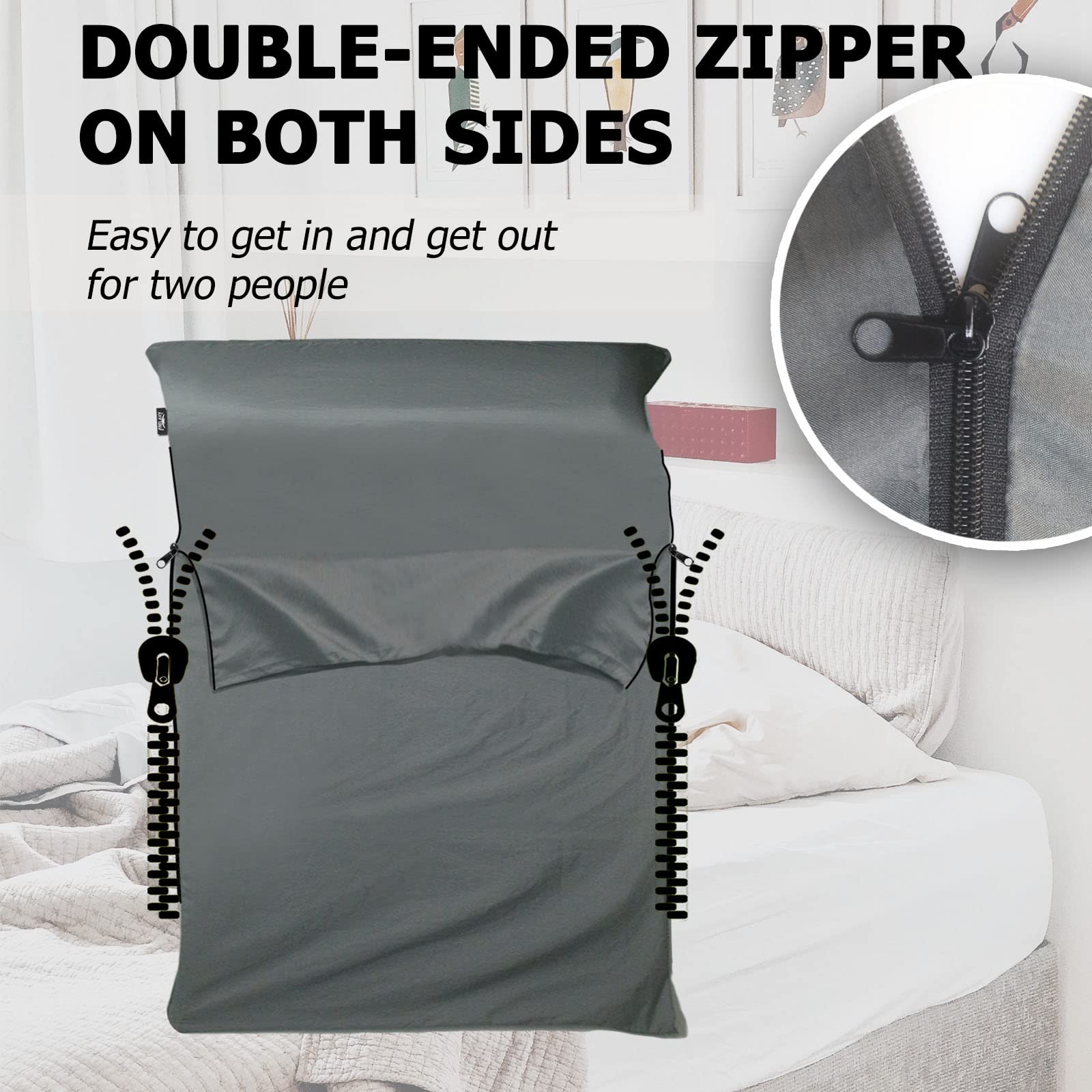Frelaxy sleeping bag liner dimensions 84.6 by 70.8 inches for two sleepers