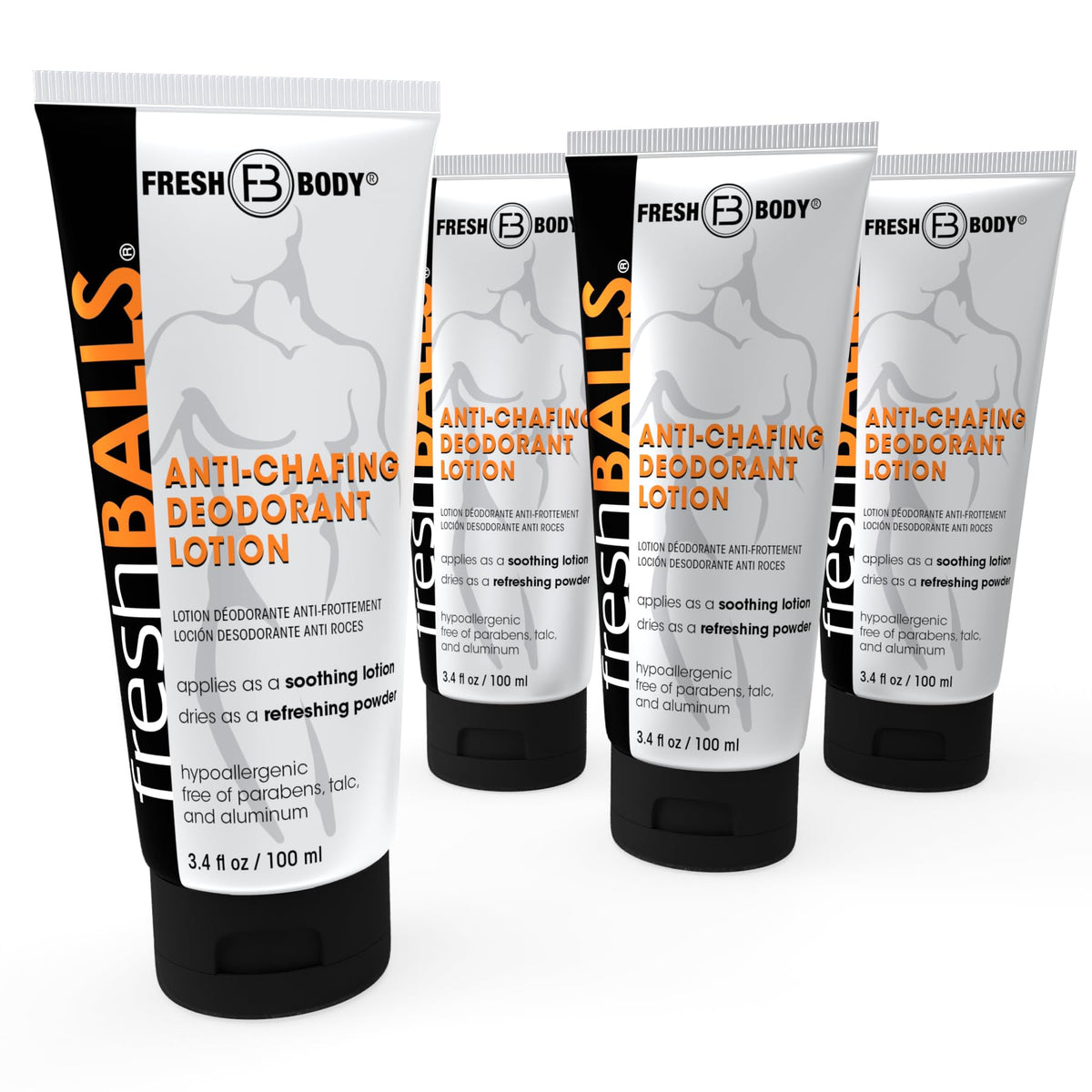 Fresh Body FB Fresh Balls Lotion packaging showcases the 4-pack for all-day protection.