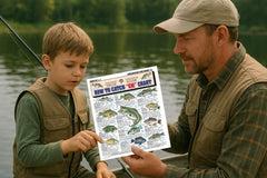 Inside spread with size, weight, location, water temperature, and fishing methods illustrations