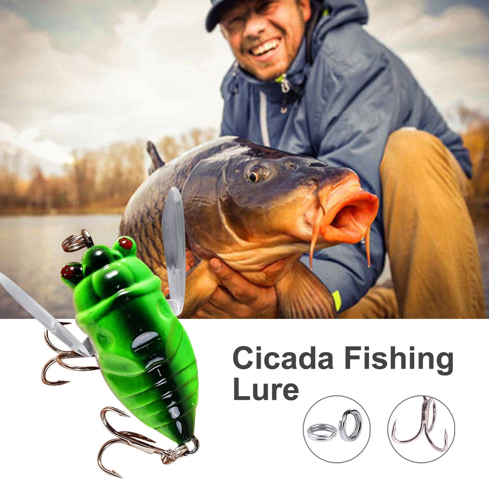 Freshwater Fishing Lures cicada lure 3D eyes close-up emphasizing lifelike appeal.