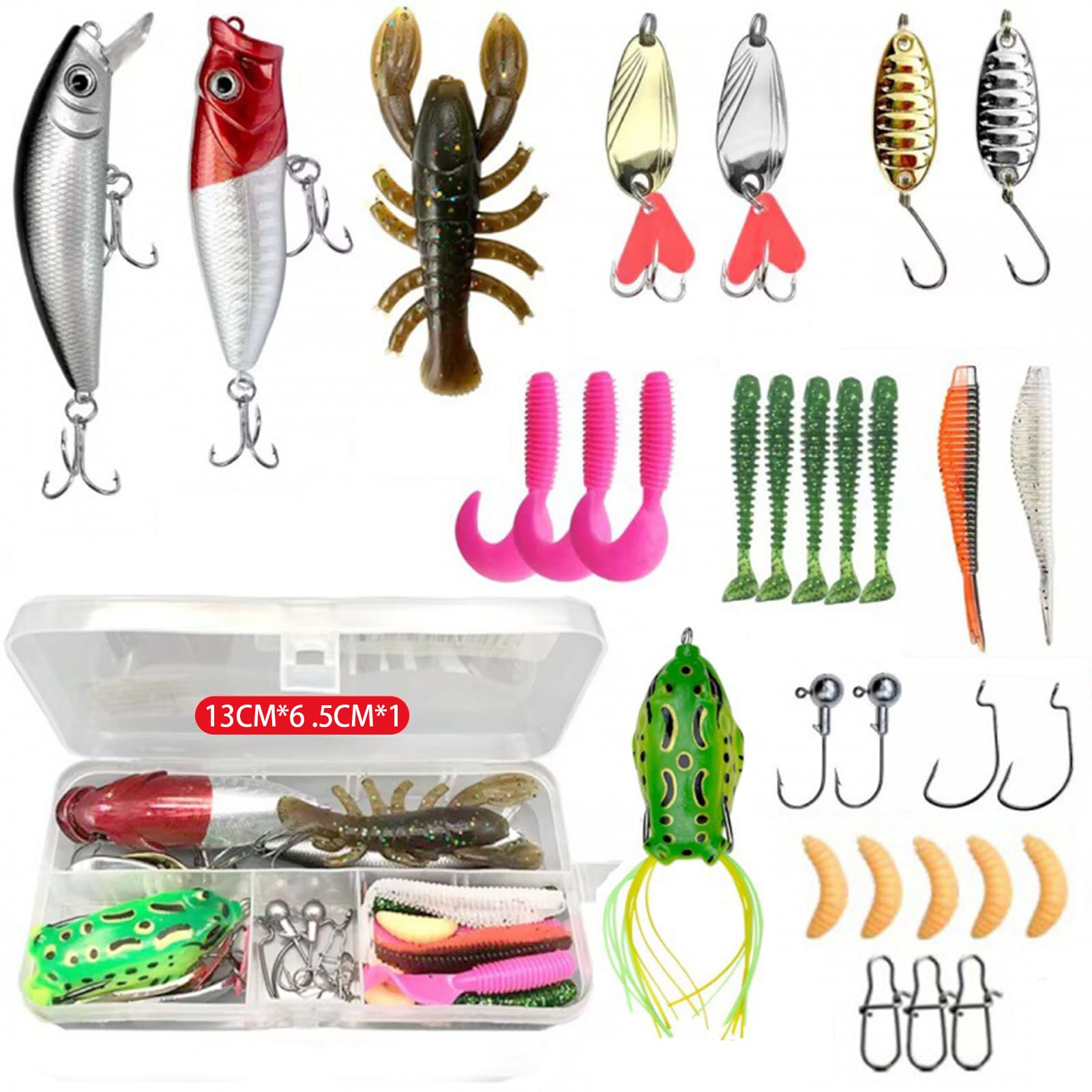 30-piece freshwater fishing lures set in PVC tackle box
