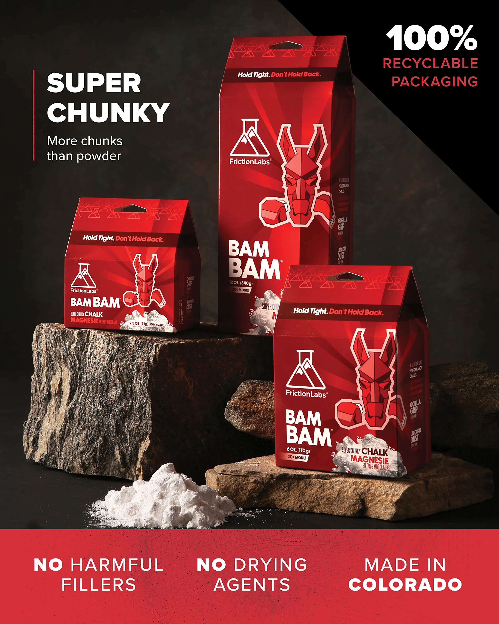 Friction Labs Bam Bam closeup grains highlighting high purity chalk for moisture control