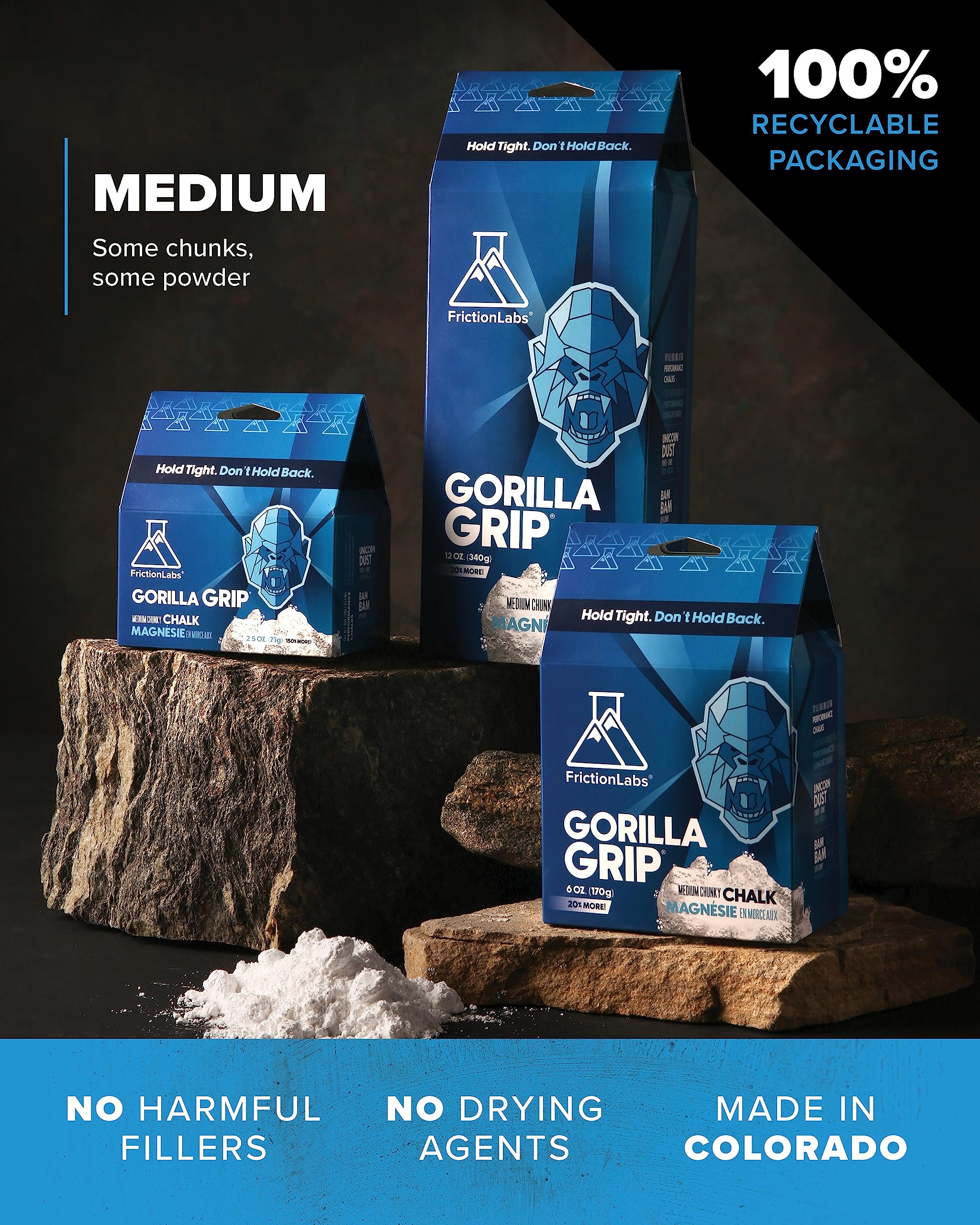 Gorilla Grip 12oz chalk highlights sweat-absorption for steady performance during climbs