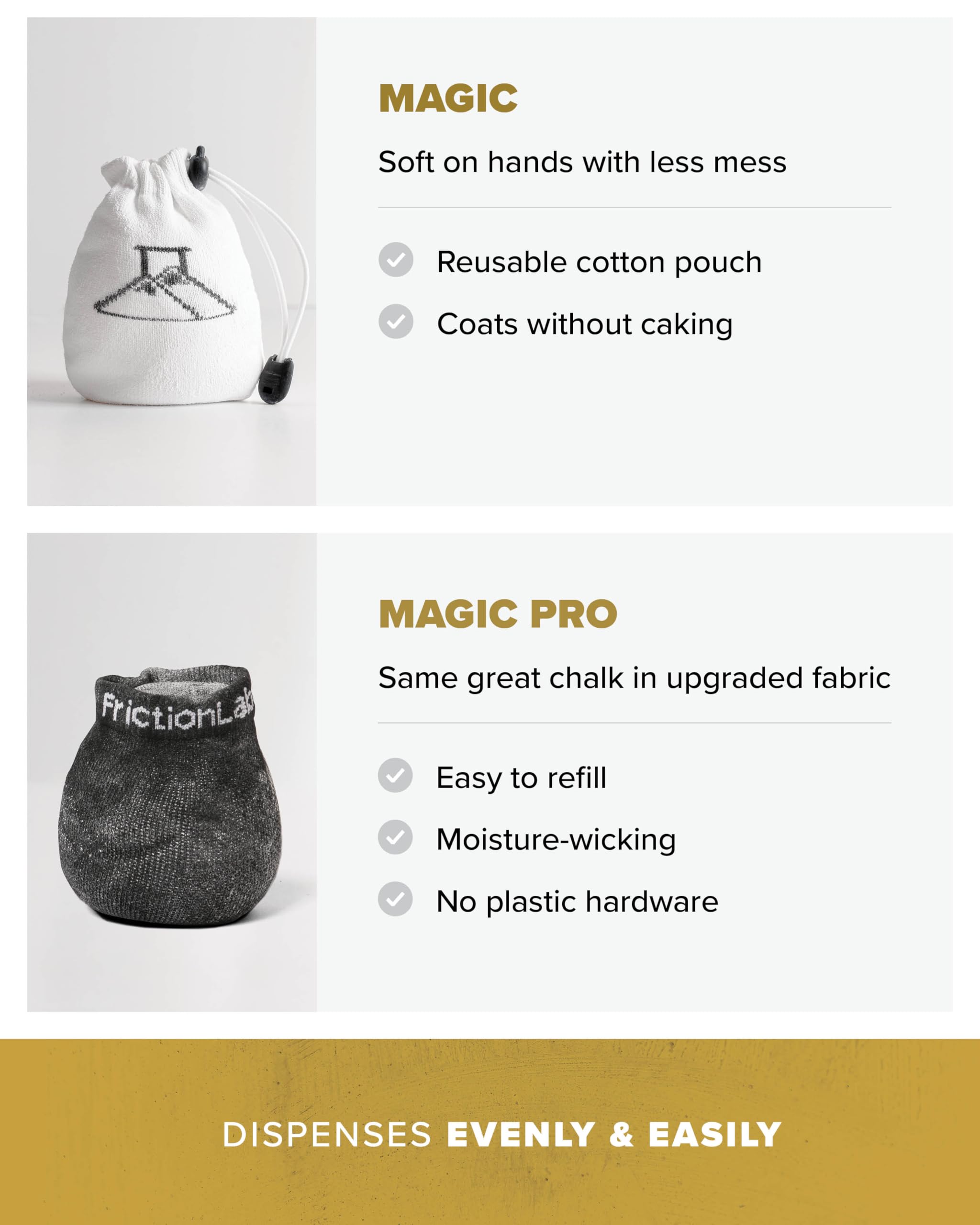 Friction Labs Magic Pro Chalk Sphere moisture-wicking fabric for dry grip.