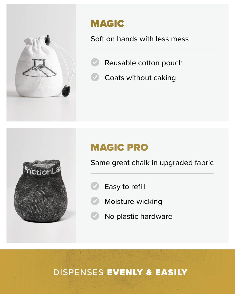 Friction Labs Magic Pro Chalk Sphere moisture-wicking fabric for dry grip.