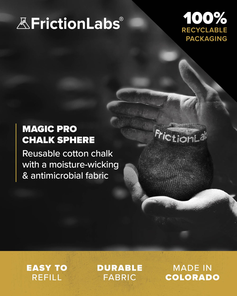 Friction Labs Magic Pro Chalk Sphere refillable design enabling mess-free chalking.