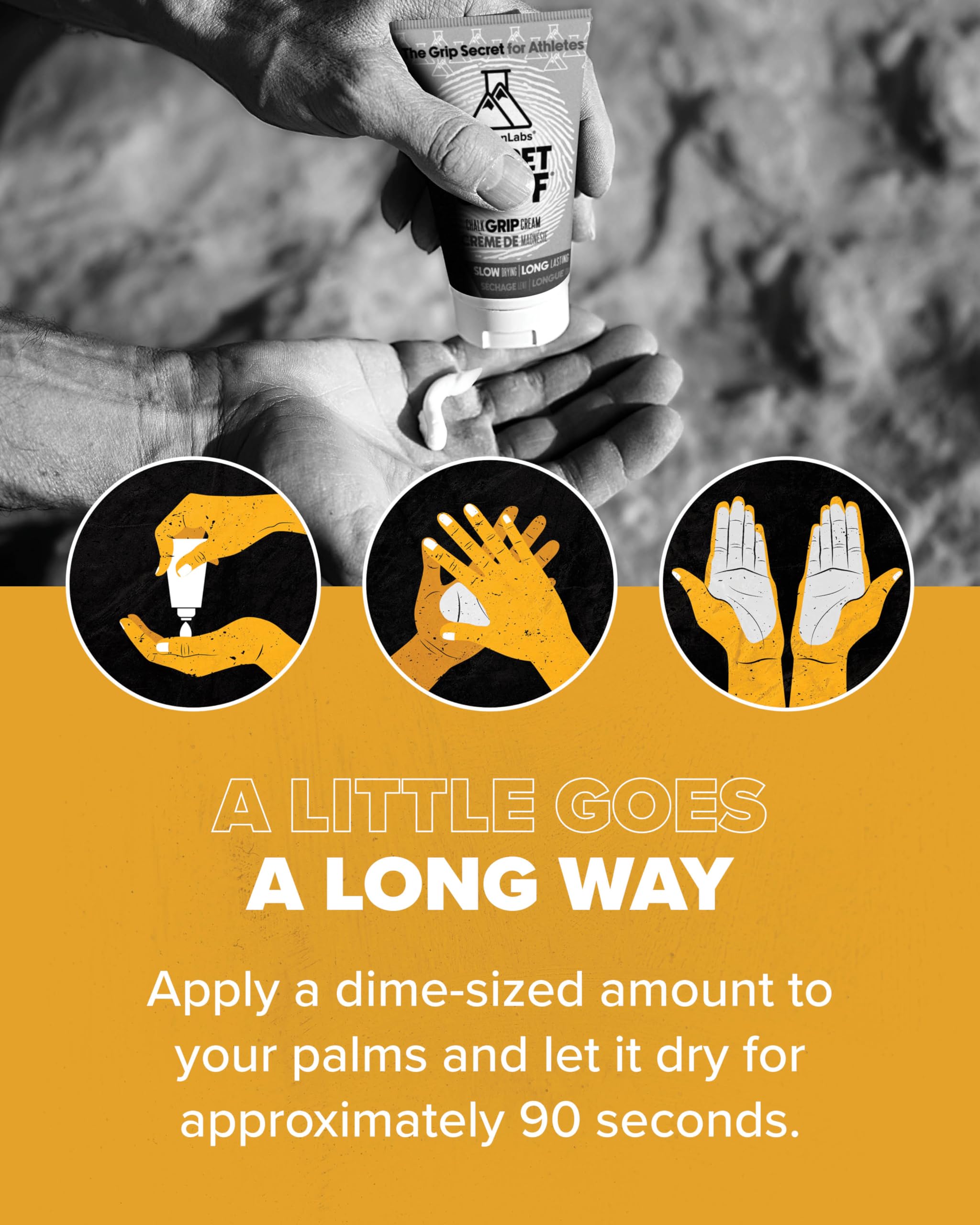 Friction Labs Secret Stuff on hands enhances grip during climbing and workouts.