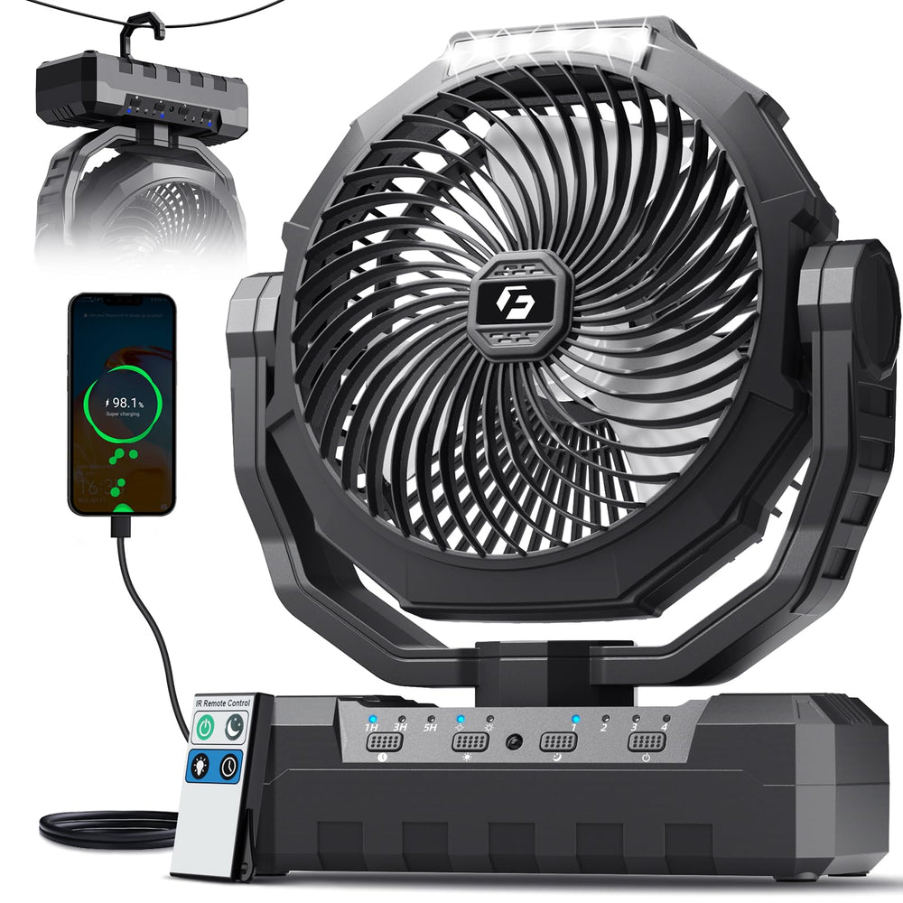 FRIZCOL 3-in-1 camping fan battery shows long-lasting power for outdoor use
