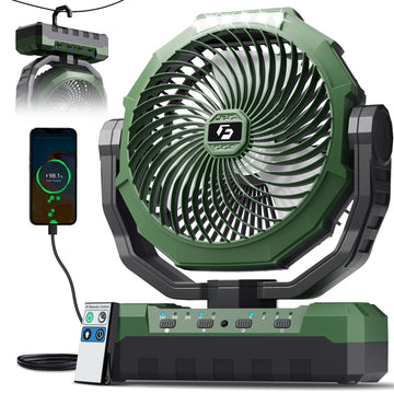 FRIZCOL 3-in-1 camping fan front view shows portable cooling in tent.