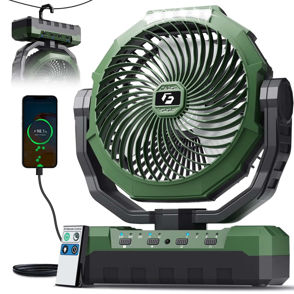 FRIZCOL 3-in-1 camping fan front view shows portable cooling in tent.