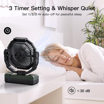 FRIZCOL 3-in-1 camping fan in-use-tent demonstrates cool breeze for better sleep.