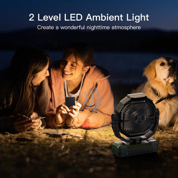 FRIZCOL 3-in-1 camping fan speed and whisper-quiet operation for tents.