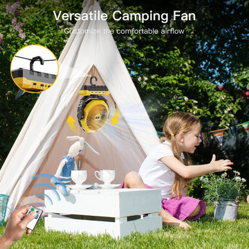 FRIZCOL yellow camping fan ready for tents, picnics, and job sites.