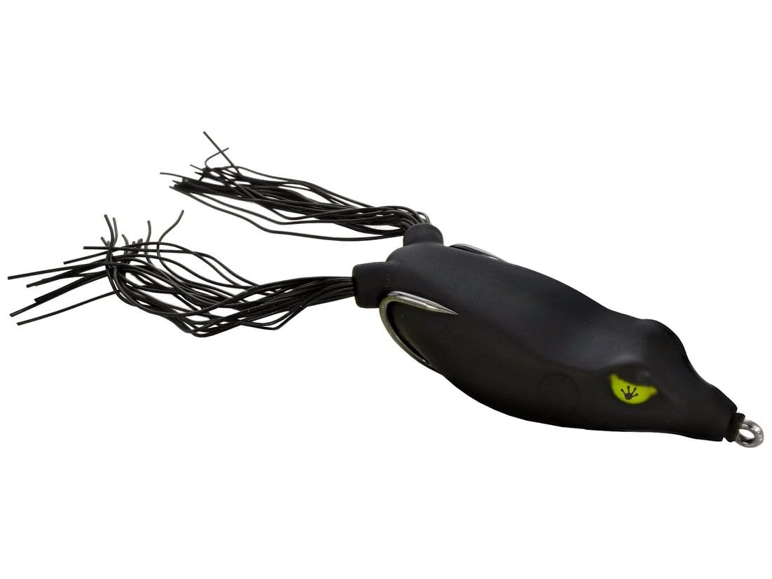 Frog Factory Sonic Boom 70 black topwater lure with Mylar flash legs attracts bass.