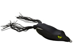 Frog Factory Sonic Boom 70 black topwater lure with Mylar flash legs attracts bass.